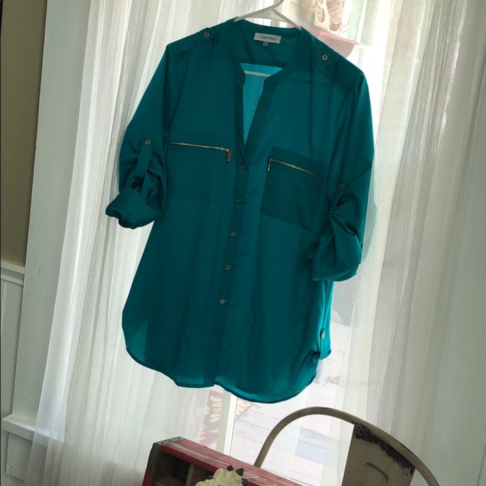 Calvin Klein teal poly blouse L